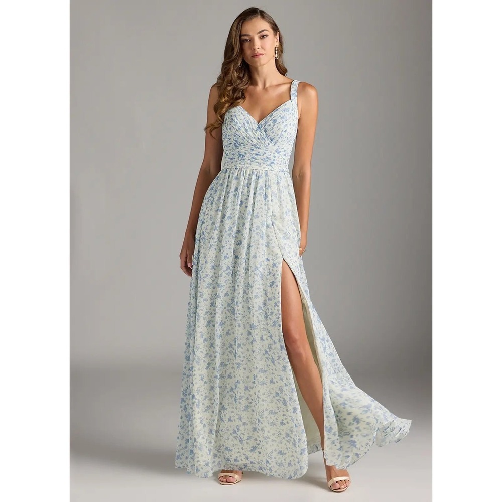 Azazie Chanel Blue Ditsy Floral Chiffon Maxi Dress V-Neck Sleeveless Size 20 NEW